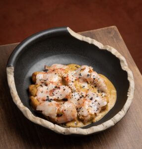 Gnocchi, Chupe & carpaccio de gamba roja